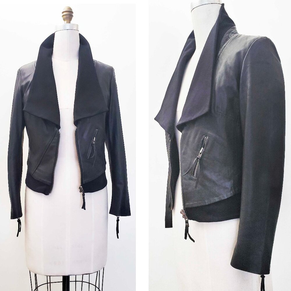 Muubaa Womens Black Fitted Biker Moto Jacket with Jersey Collar and Waist 8